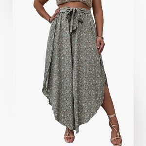 MakeMeChic Women's Floral High Waist Tie Front Split Flowy Wide Leg Pants